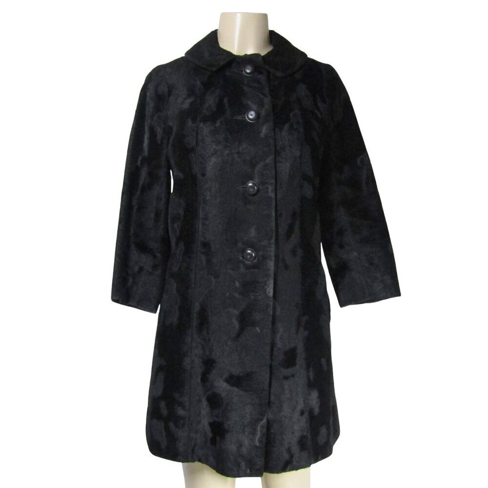 VTG Faux Fur 1960s MCM Bullocks Whimsigoth Witchy Steampunk Retro Black Coat S